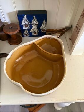 Two-Section Ceramic Serving Bowl in Mustard Yellow. Pear Shaped